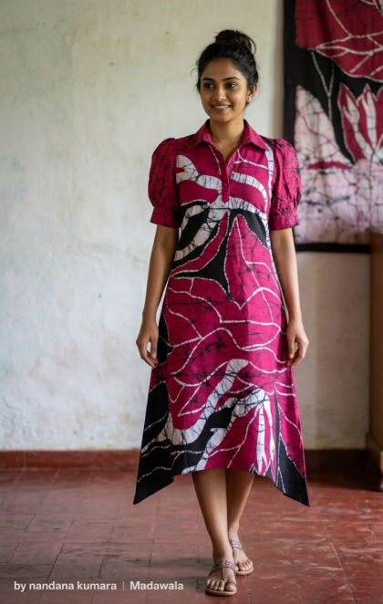 Modern Handcrafted Batik Collar Dress - Magenta & Black